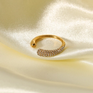 Minimalist 18k gold stainless steel open ring with water drop design and pavé zircons
