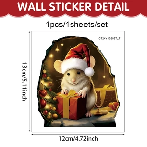 Adesivo murale natalizio con simpatica topolina e cappello da Babbo Natale, decalcomania 12x13cm