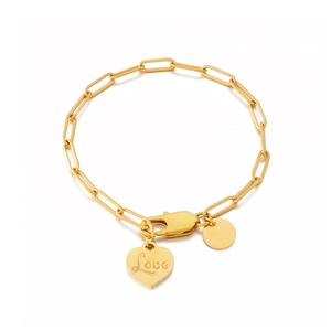 Stainless Steel Paperclip Link Chain Bracelet Heart Love Engraved Round Disc Pendant Fashion Minimalist Jewelry For Women