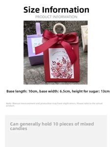 Wedding favor box size chart showing 10x6.5x13cm dimensions with wooden handle and ribbon