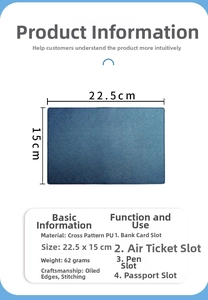 Detailed blue cross-grain PU passport holder showing slots and 22.5x15cm dimensions