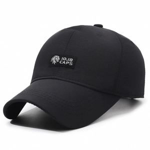 Black cotton baseball cap for men with silver lion patch logo and 10.18 CAPS embroidery