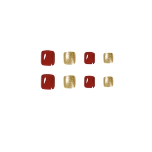 Unghie finte piedi rosso scuro e glitter oro, set da 8 pezzi quadrati riutilizzabili