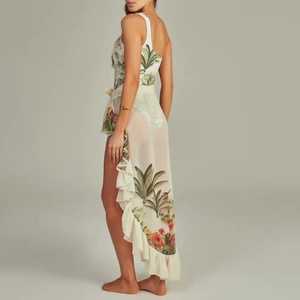 One-shoulder tropical leaf print swimsuit with matching long chiffon sarong beach set