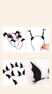 Detail display of black felt bat wings headbands and hair clips for Halloween costumes