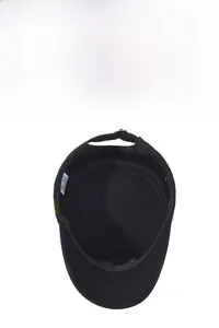 Internal detail of a black cotton cadet hat featuring neat stitching and adjustable metal buckle