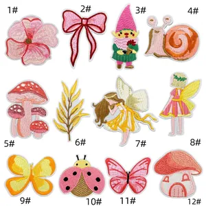 Detailed set of 12 colorful cartoon embroidered patches including flowers and forest designs