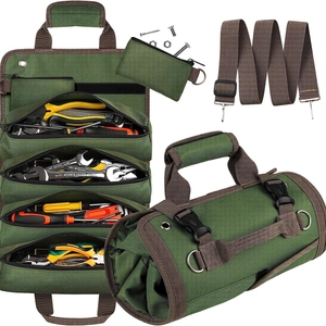 Army green canvas roll-up tool bag with multiple zipper pockets and detachable strap