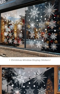 Close-up of white snowflake window clings for Christmas holiday glass decorations