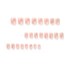 24pcs Christmas snowflake press-on nails with glitter stars and rhinestones on pink base