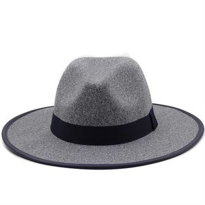 Classic gray wool fedora hat with black grosgrain ribbon and flat brim for men and women