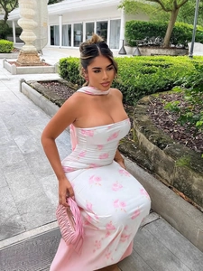 Floral print strapless bodycon maxi dress in pink and white with side ribbon accent