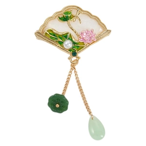 Eleganter chinesischer Fächer-Brosche mit rosa Lotus und Perlen-Anhänger-Charms