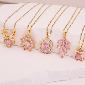 Pink Zircon Flower Leaf Reindeer Pendant Necklace For Women Dainty Stainless Steel Chain Copper Jewelry Accessory