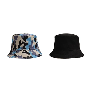 Detail view of camouflage and classic black sun protection cotton bucket hats