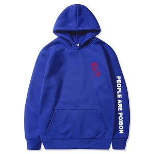 Navy blue hoodie with rose print and People are Poison sleeve text on white background