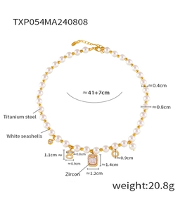 Detailed size specifications for vintage titanium steel pearl necklace with zircon pendant