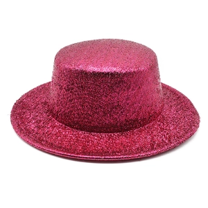Bright pink glitter flat top hat with metallic sparkle for parties and stage shows