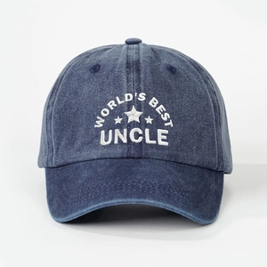 Vintage navy blue washed denim baseball cap featuring white UNCLE embroidery