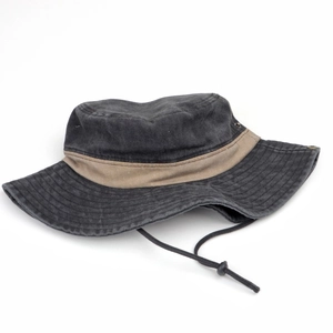 Detail of washed black boonie hat with khaki band and adjustable windproof chin strap