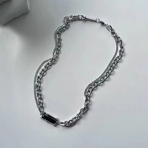 Men's titanium steel double chain necklace featuring a rectangular black zircon pendant