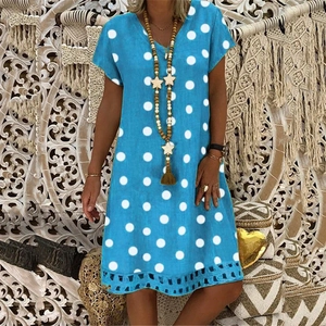 Blue short sleeve V-neck polka dot midi dress with elegant hollow-out hem detail