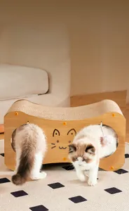 Tunnel pour chat double couche en bois avec griffoir et découpes de chat mignonnes