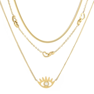 Layered gold titanium steel necklace featuring heart and evil eye pendants on snake chain