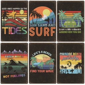 Set of six vintage metal beach signs with retro surfing motifs and ocean slogans
