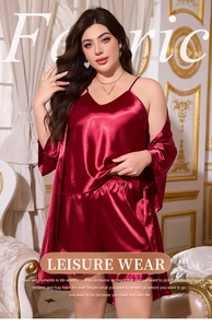Detailed view of women's burgundy satin lounge set with robe and silk-like fabric texture