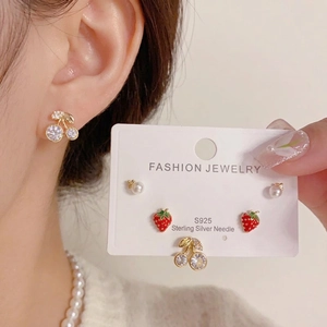 Strawberry Cherry Artificial Pearl Stud Earrings For Women Sweet Copper Enamel Zircon With 925 Sterling Silver Earring Post