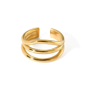 Macro shot of polished triple-layered 18K gold wave ring with modern minimalist texture