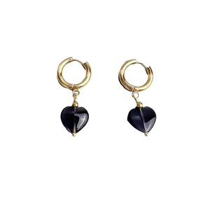 French style 18K gold stainless steel hoop earrings with purple cat eye heart pendants