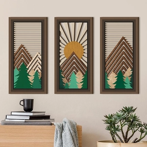 Wooden Wall Art Hollow Mountain Forest Landscape Panels Decorative Triptych For Living Room Bedroom Minimalist Natural