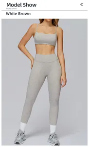 Detail of high-waist heathered brown yoga leggings and strappy sports bra set