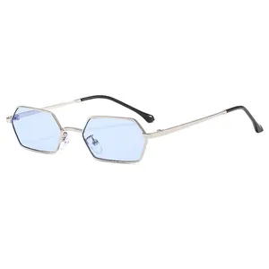 Retro polygon metal sunglasses with silver frame and light blue lenses in a 45-degree view