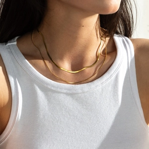 Close-up of layered gold snake bone chain and delicate link necklace on model neck