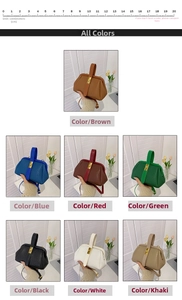 Detailed flat lay of vintage textured handbags in seven colors with reference scale