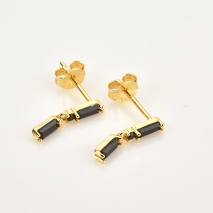 Elegant S925 sterling silver rectangular earrings with black zircon and gold plating