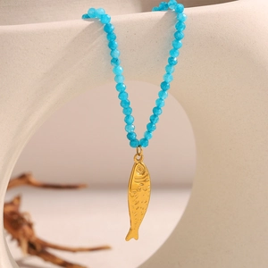 18K gold plated stainless steel necklace featuring blue beads and a fish charm pendant