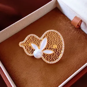 Luxury 18K gold plated pearl gourd brooch with filigree hollow design and white zircon inlay