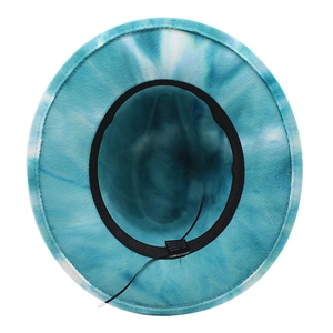 Detail view of the tie-dye fedora interior showing sweatband and adjustable drawstring