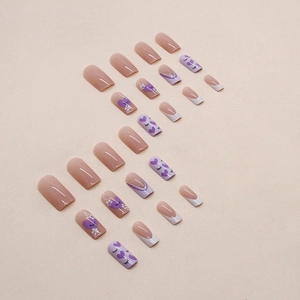 Square medium press-on nails featuring purple hearts, French tips and white polka dots