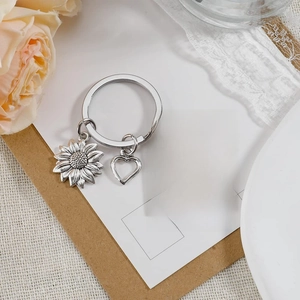 Porte-clés bestie en acier inoxydable argenté avec tournesol et plaque gravée cadeau