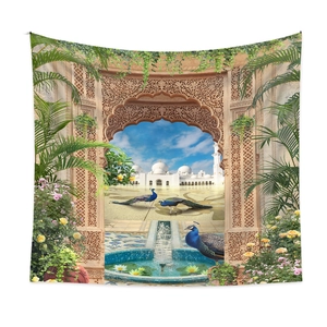 Detail view of tapestry fabric with arched gate, floral garden and mosque design