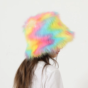 Close-up of rainbow fuzzy bucket hat featuring long faux fur texture and vibrant colors