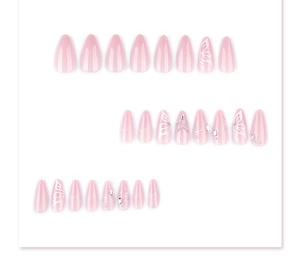 Detailed flat lay of 24pcs pink gradient almond press-on nails with butterflies and pearls