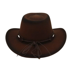 Detail of dark brown western cowboy hat featuring braided cord and silver metal rivets
