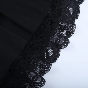 Close-up of black lace fabric details with intricate floral patterns and mesh texture
