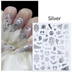3D Halloween nail art stickers with silver spider web, heart and ghost designs
